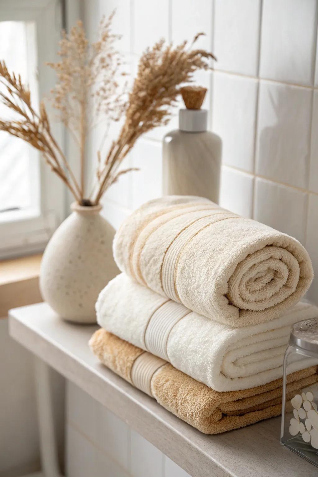 Spa-style rolled towels in soft neutrals make small bathroom shelves look calm and chic.