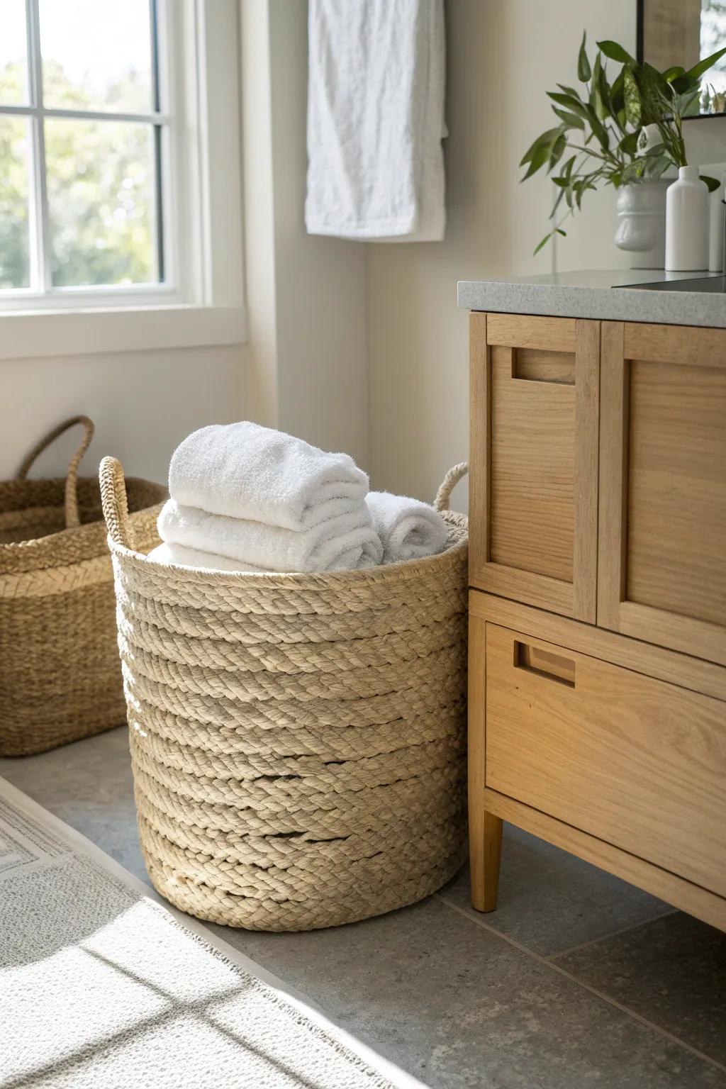 A classic woven floor basket by the vanity keeps fresh towels tidy, pretty, and within reach.