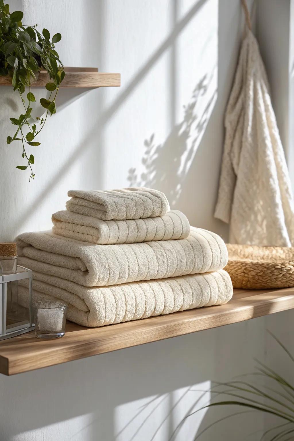 Classic spa stack: crisp rectangle folds, biggest-to-smallest, for instantly tidy open shelves.