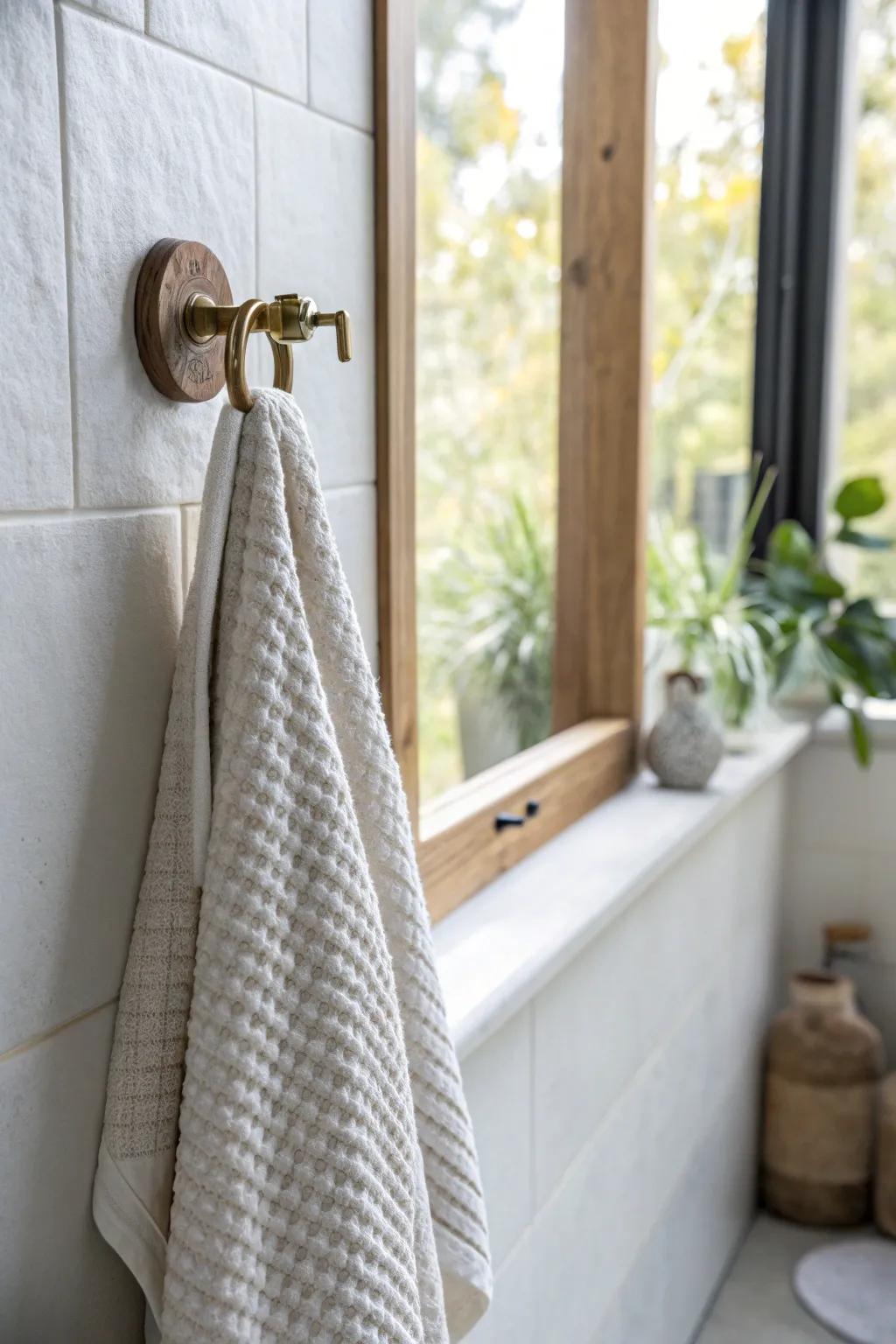 A single sturdy hook by the shower keeps towels close and floors drip‑free—simple, chic, and space‑smart.