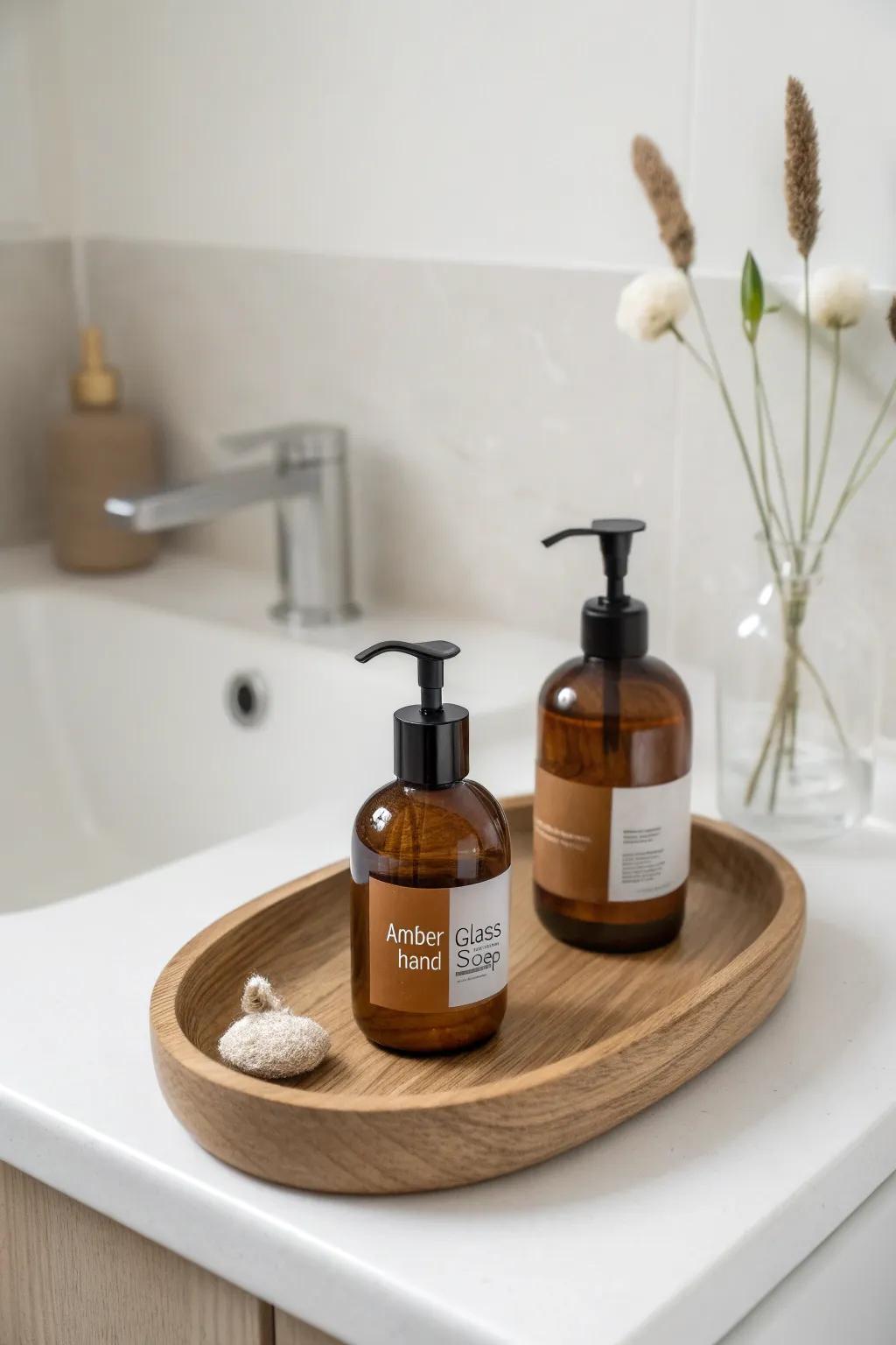 A simple oak tray with matching soap + lotion and one tiny vase keeps the vanity calm.