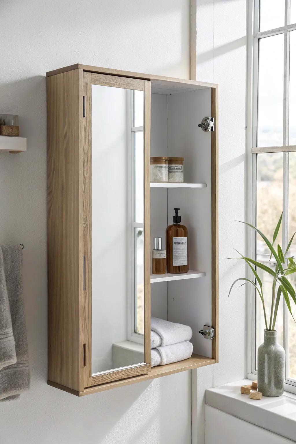 Mirror-front wall cabinet: hidden storage that keeps a tiny bathroom calm and clutter-free.