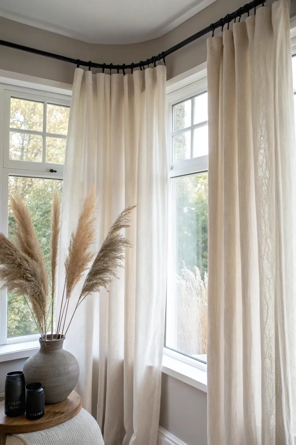 Layer sheer curtains with privacy drapes for a soft daytime glow and zero silhouettes at night.