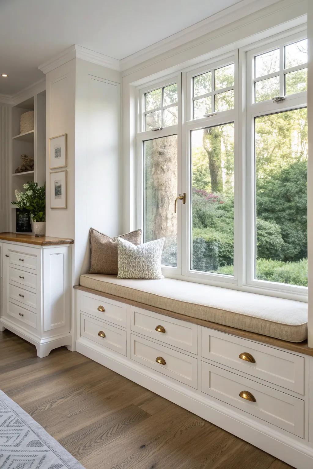 Built-in bay window seat with deep drawers—beautiful storage for blankets, games, and cables.