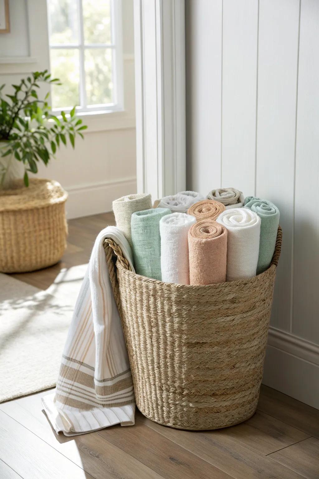 Rolled beach towels in a deep woven basket—grab-and-go storage that looks chic by the door.