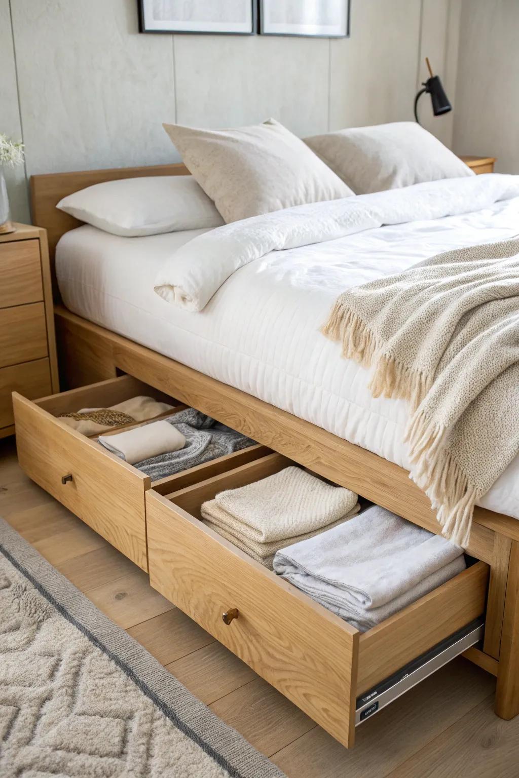 Built-in under-bed drawers hide sweaters and spare sheets—perfect storage for small bedrooms.