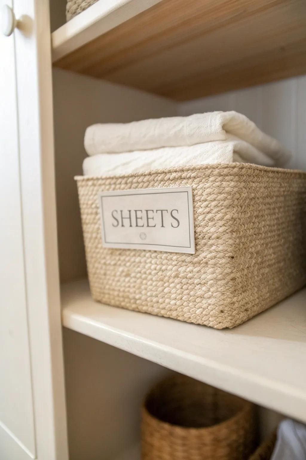 One labeled bin keeps a full sheet set tidy—calm, cohesive linen closet storage.