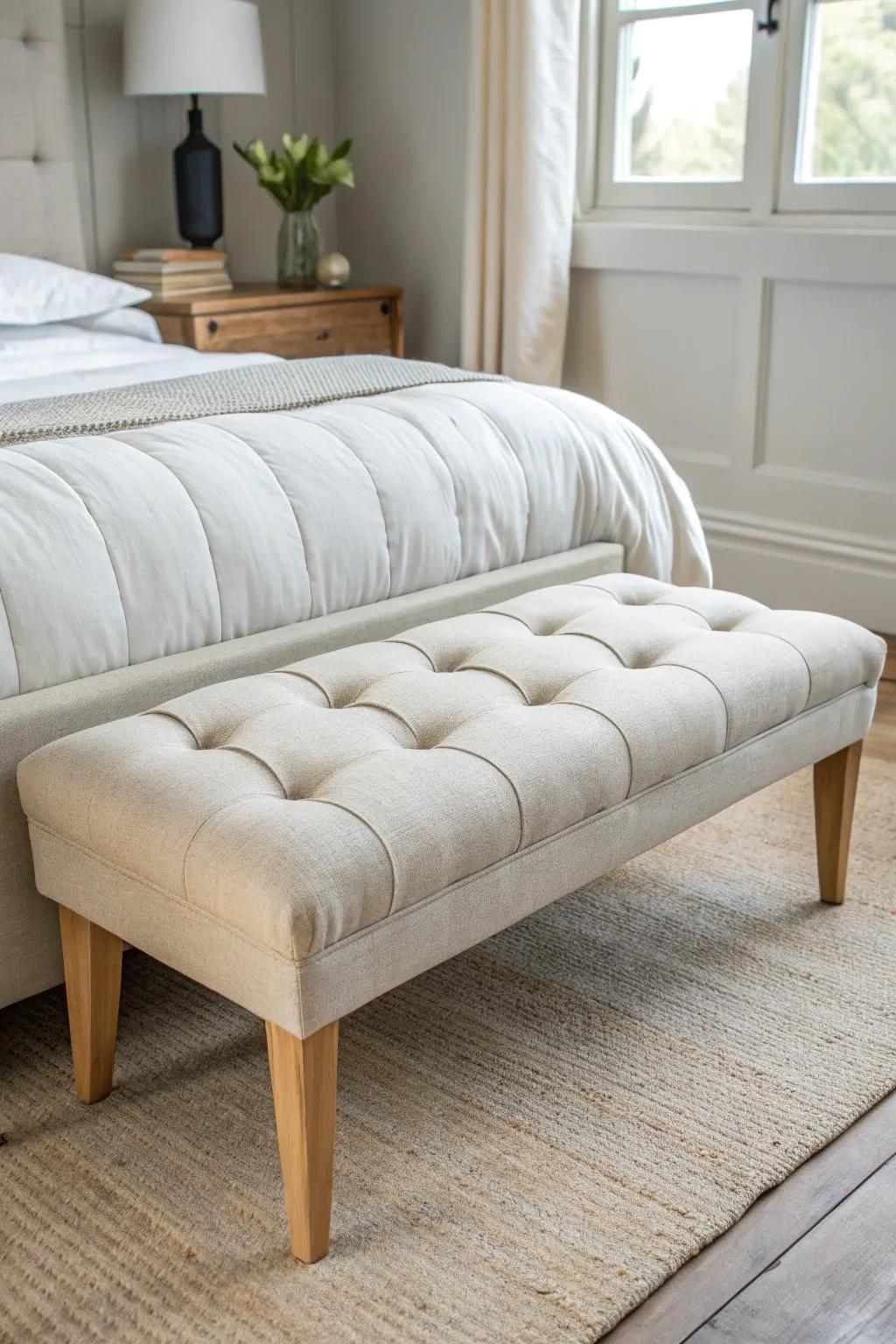A classic neutral upholstered bench that instantly elevates the foot of the bed in small spaces.
