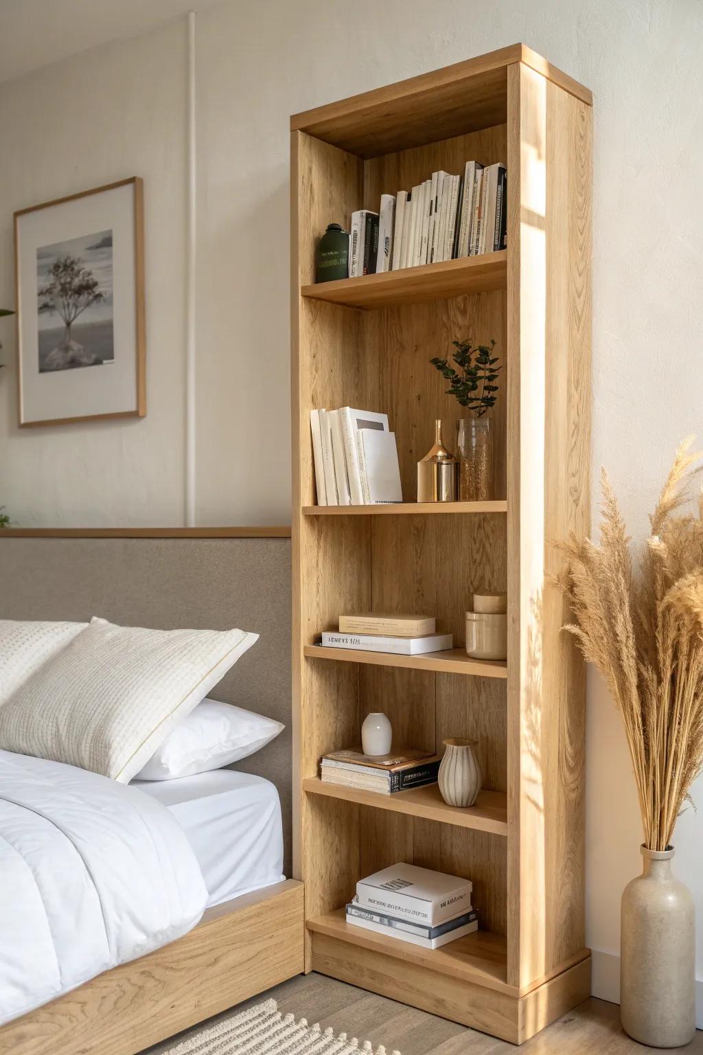 Light oak built-ins around the bed: calm storage below, airy book styling above.