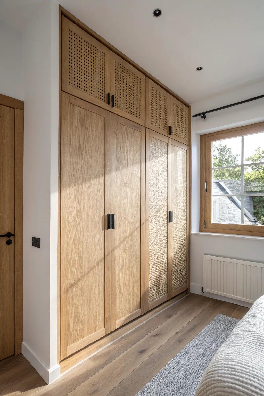 Floor-to-ceiling wardrobe wall for small bedrooms—seamless storage with airy Scandinavian calm.