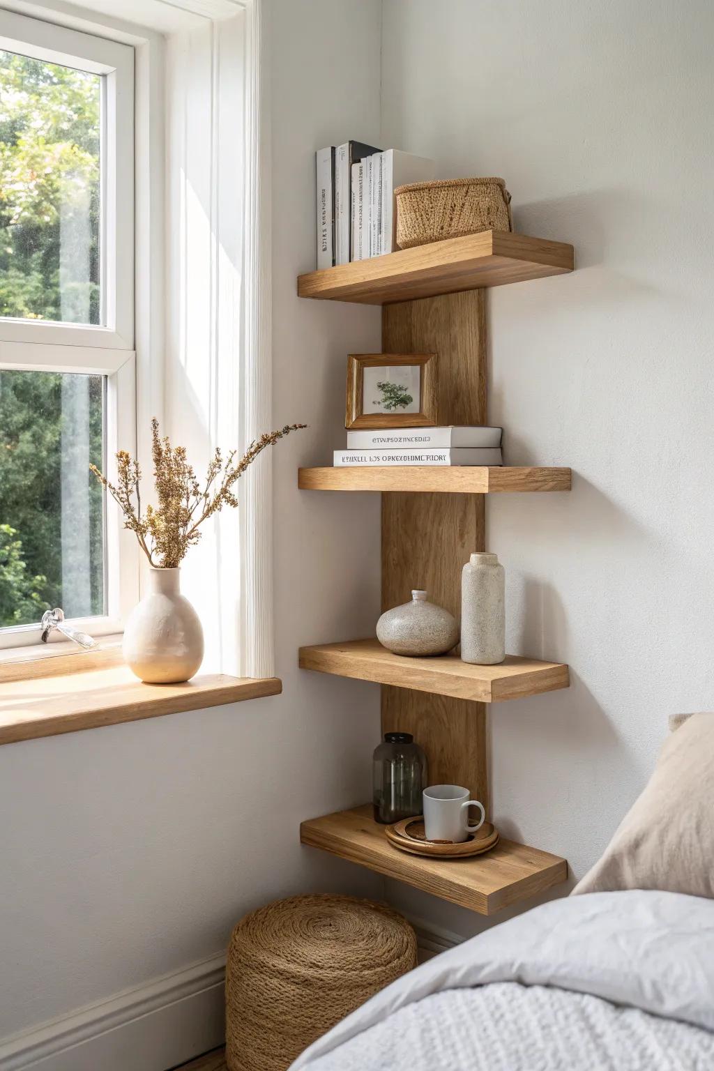 Floating L-shaped corner shelves turn a blank bedroom corner into a styled, space-saving moment.