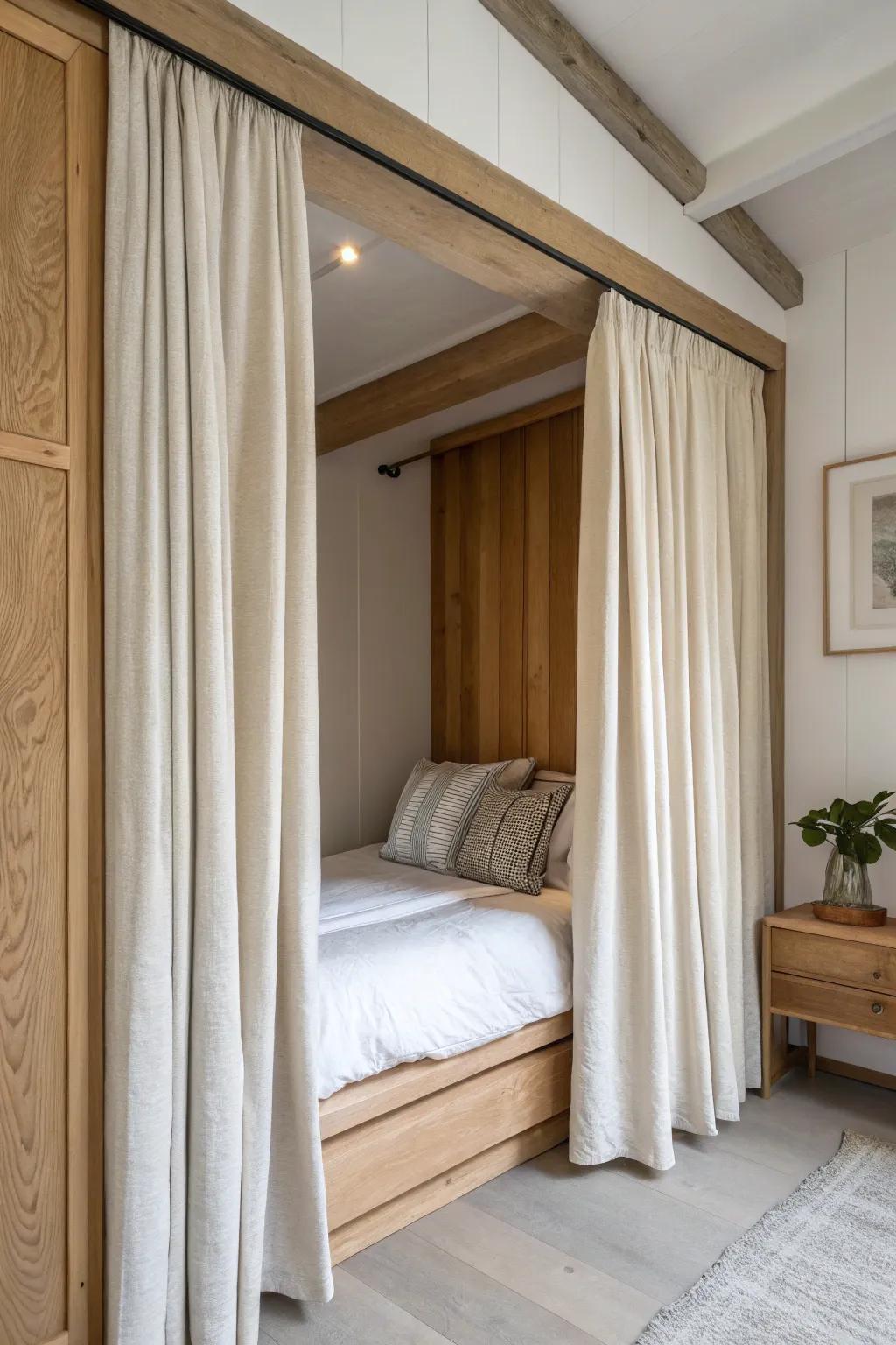 Heavy linen curtains on a ceiling track turn a bed alcove into a calm, hidden cubby hole.