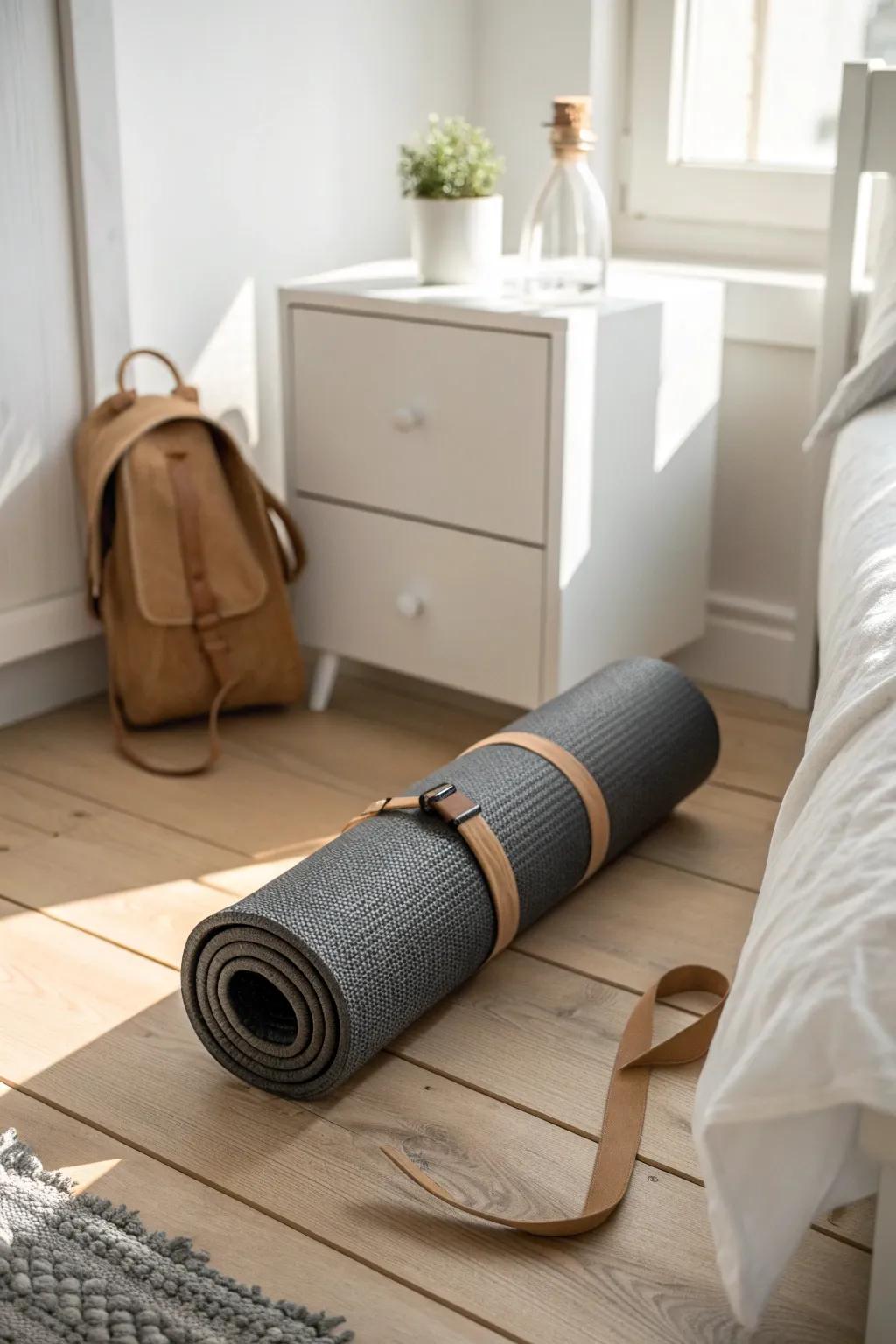 Ready-to-go bedroom gym corner: one beautiful mat makes a 3x5 space feel like your studio.