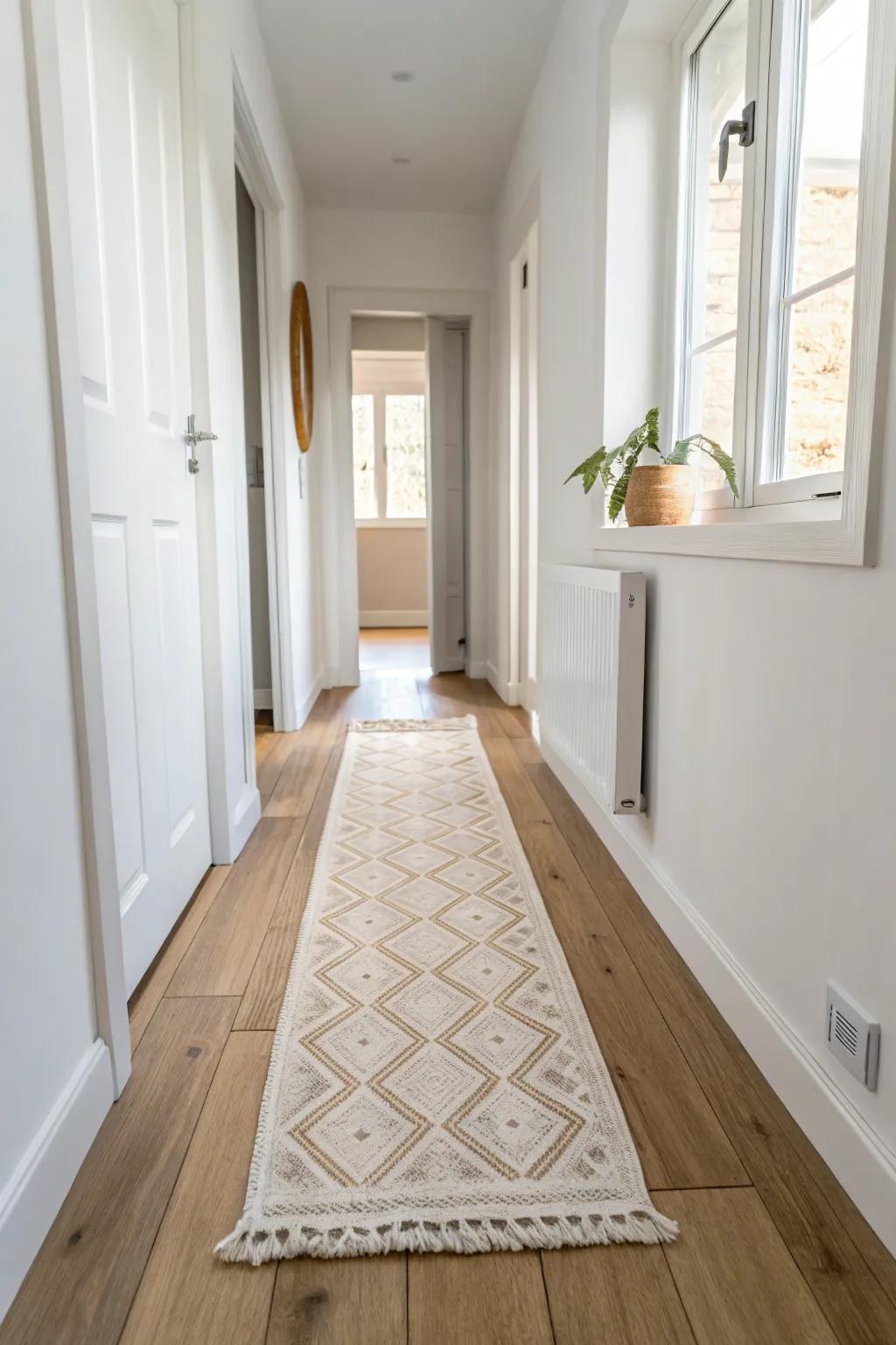A washable low‑pile runner adds warmth and quiet comfort to a narrow bedroom hallway.