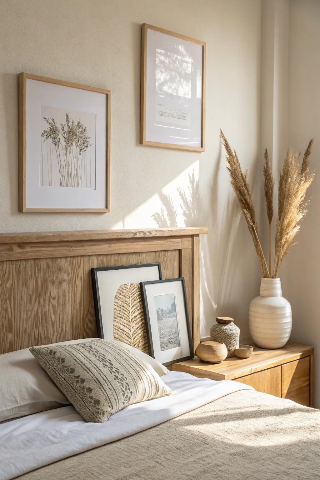 Lean layered frames on a bedroom ledge for an effortless look—no nails, no stress.