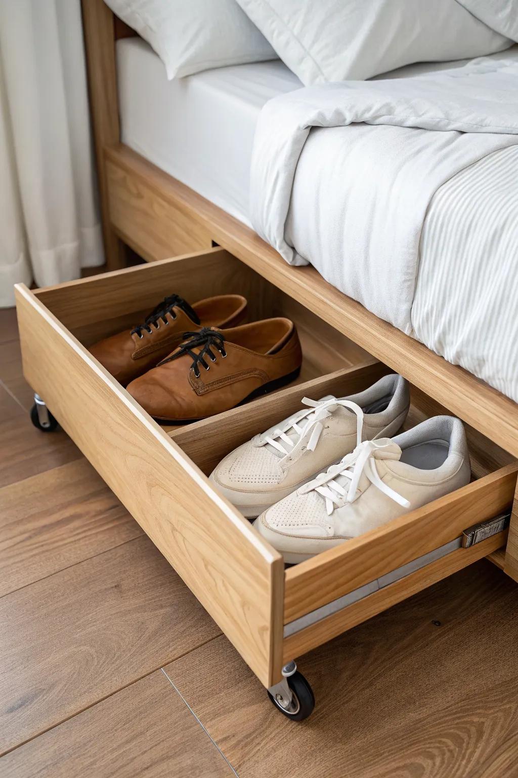 Slide-out under-bed rolling bin keeps everyday shoes hidden and easy to grab—small-space win.