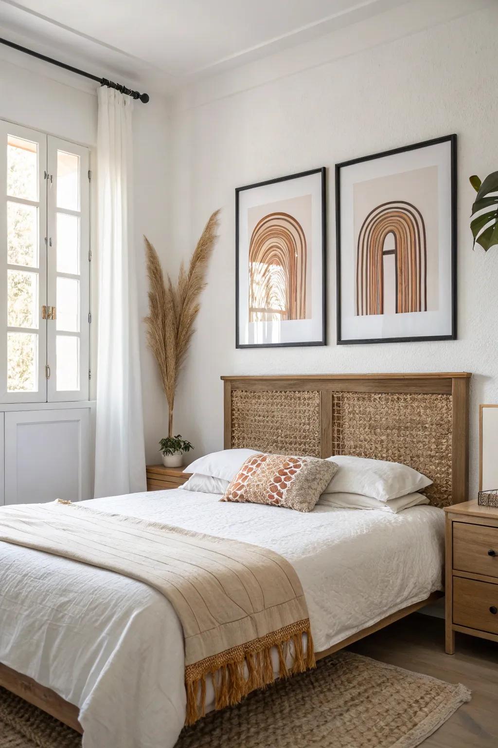 Oversized art above the bed adds instant style to small bedrooms—balanced, airy, clutter-free.
