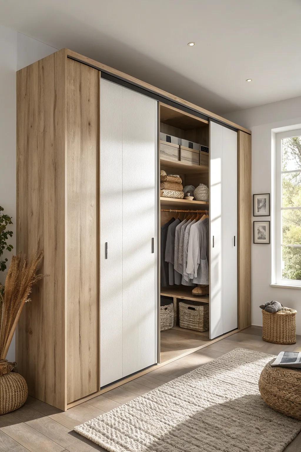 Sliding wardrobe doors keep narrow bedroom pathways clear—minimal, warm, and space-smart.