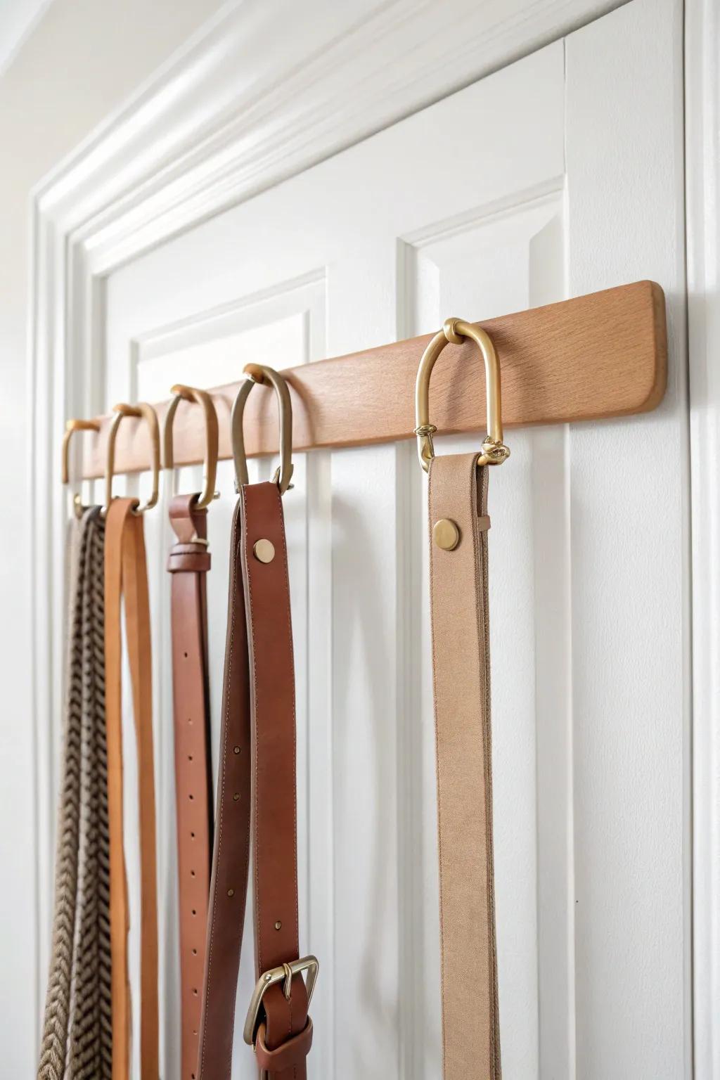 Over-the-door hook row: hang belts by the buckle for a crease-free, grab-and-go morning.