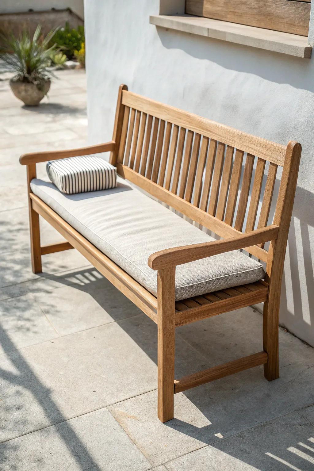 Classic slatted garden bench: airy, quick-drying wood plus one weather-proof cushion for small patios.