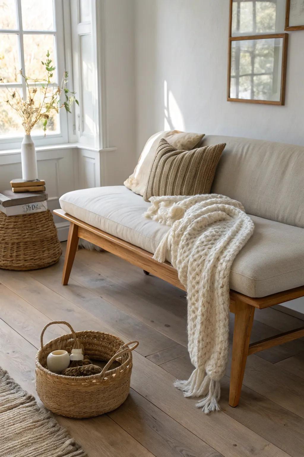 A slim oak bench at the foot of the sofa adds extra seating—simple, cozy, and airy.