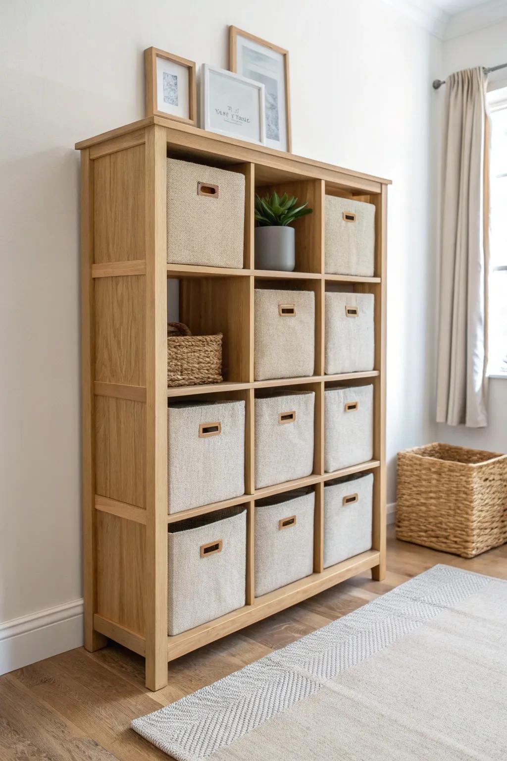 Cubby shelf + matching bins: a calm, quick-cleanup toy system that looks beautiful in small spaces.