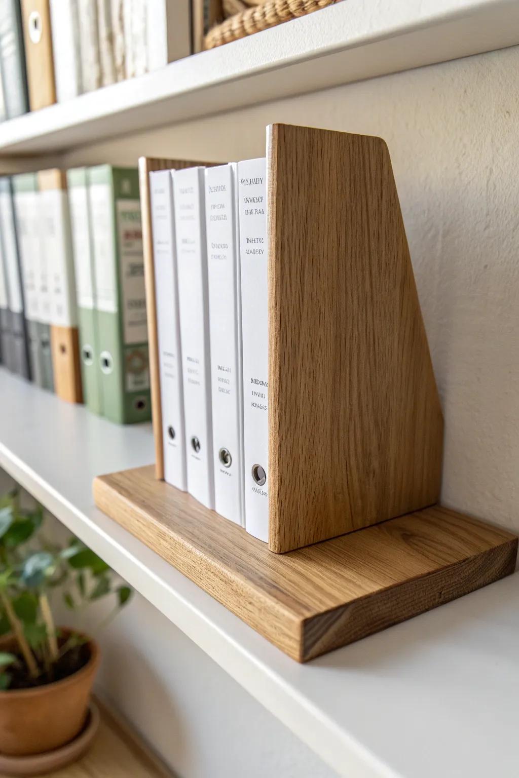 Handcrafted oak shelf divider keeps binders upright—minimal, warm, and perfect for tiny shelves.