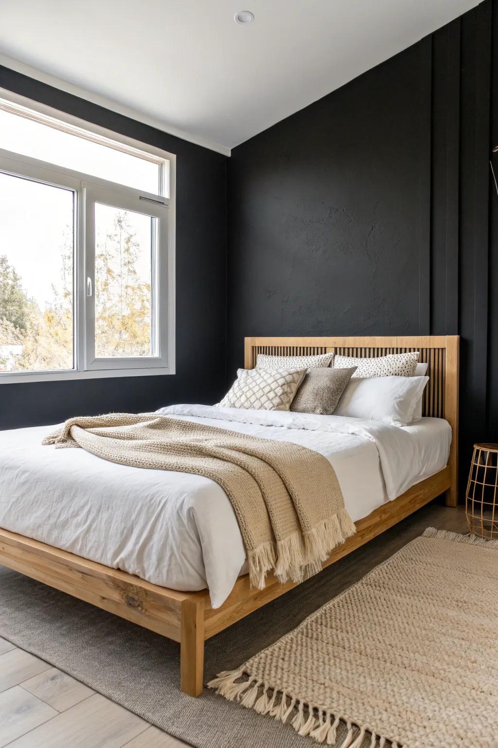 A matte black wall behind the bed adds depth and drama—perfect for making small bedrooms feel wider.