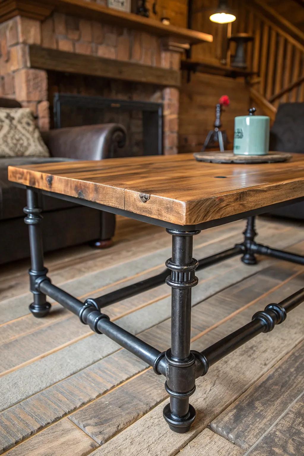 Elevate your living space with this stunning blend of industrial black pipes and reclaimed wood.