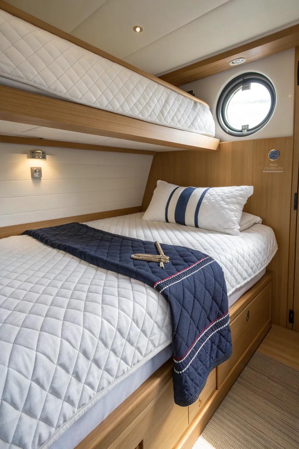 Crisp white sheets plus a navy coverlet create clean-yacht contrast in the tiniest cabin.