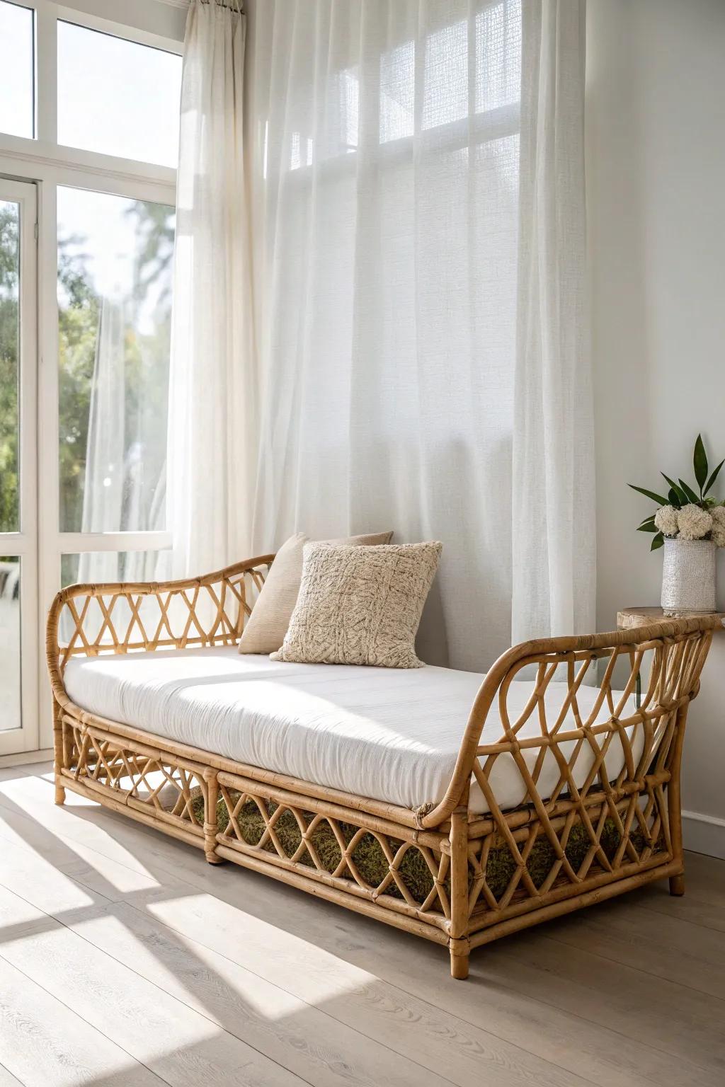 Sunlit rattan daybed by the window—minimal, airy, and perfectly boho for small spaces.