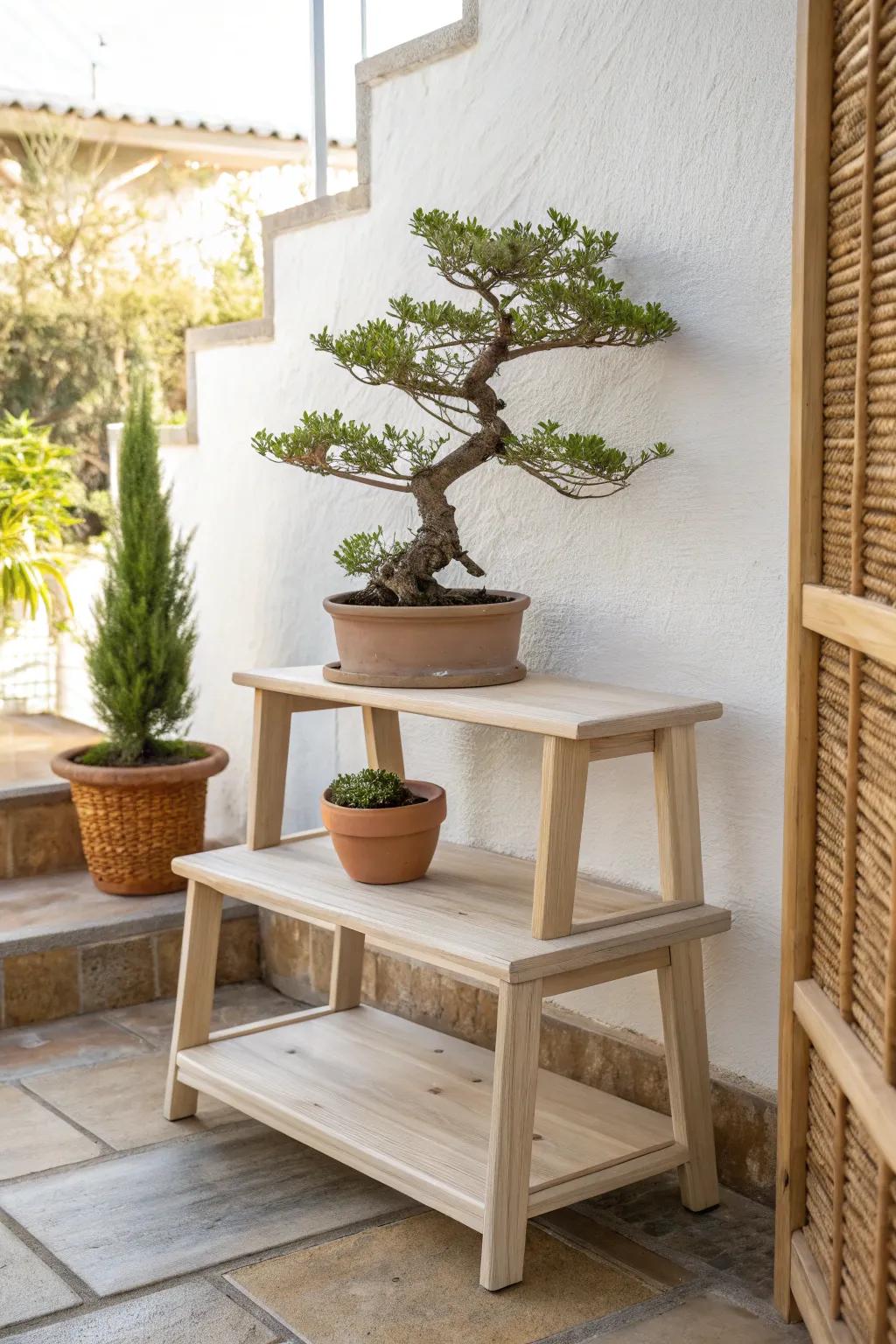 Classic tiered bonsai bench: a small-space display that gives one tree a quiet spotlight.