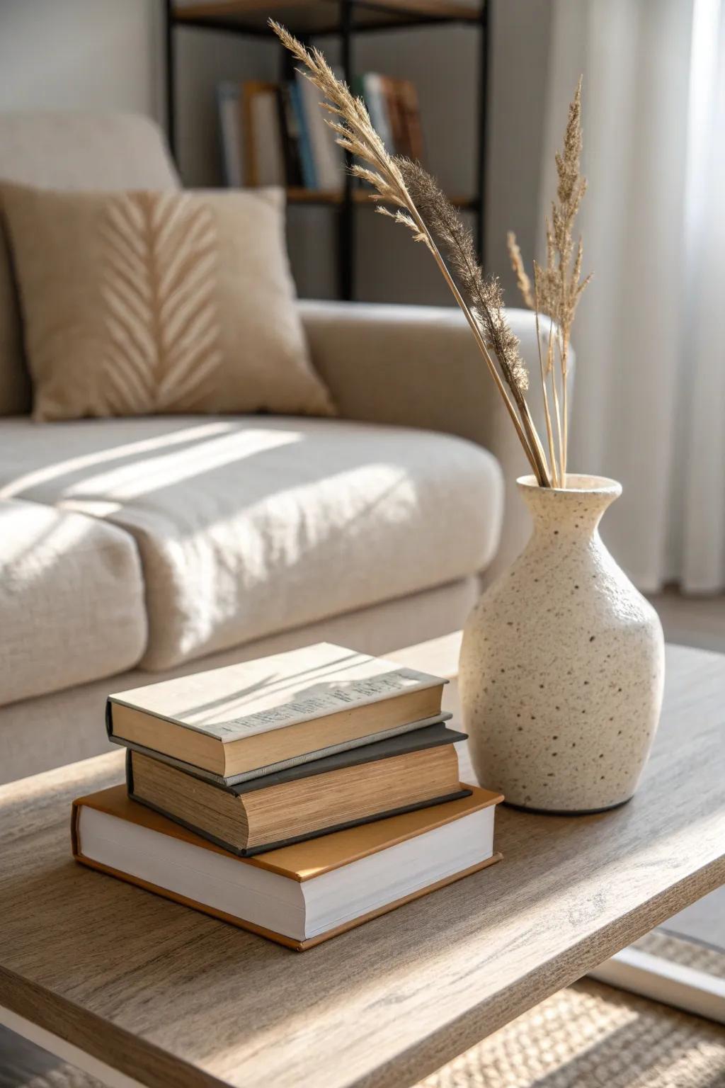 A simple coffee table book stack topped with one handmade vase for instant calm, styled charm.