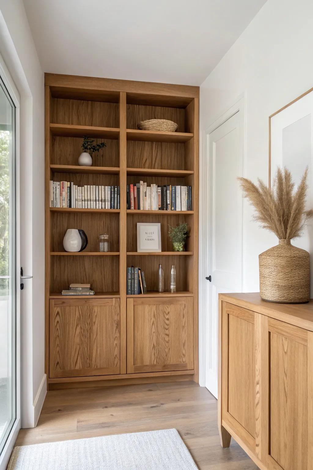 Floor-to-ceiling bookcase wall for small spaces—airy styling and craftsmanship that feels elevated.