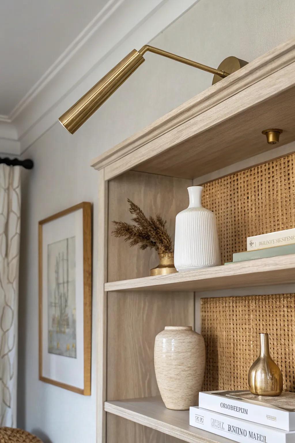 Classic picture light over the bookcase adds a built‑in glow and makes shelves feel curated.