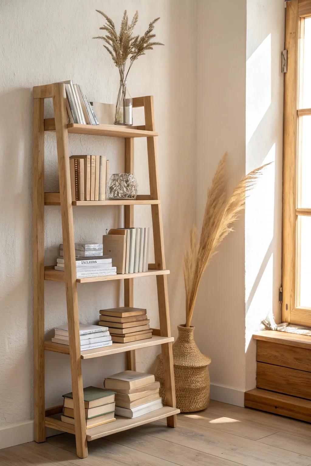 Mix vertical books with 2–3 horizontal stacks to make small shelves feel styled, not stuffed.