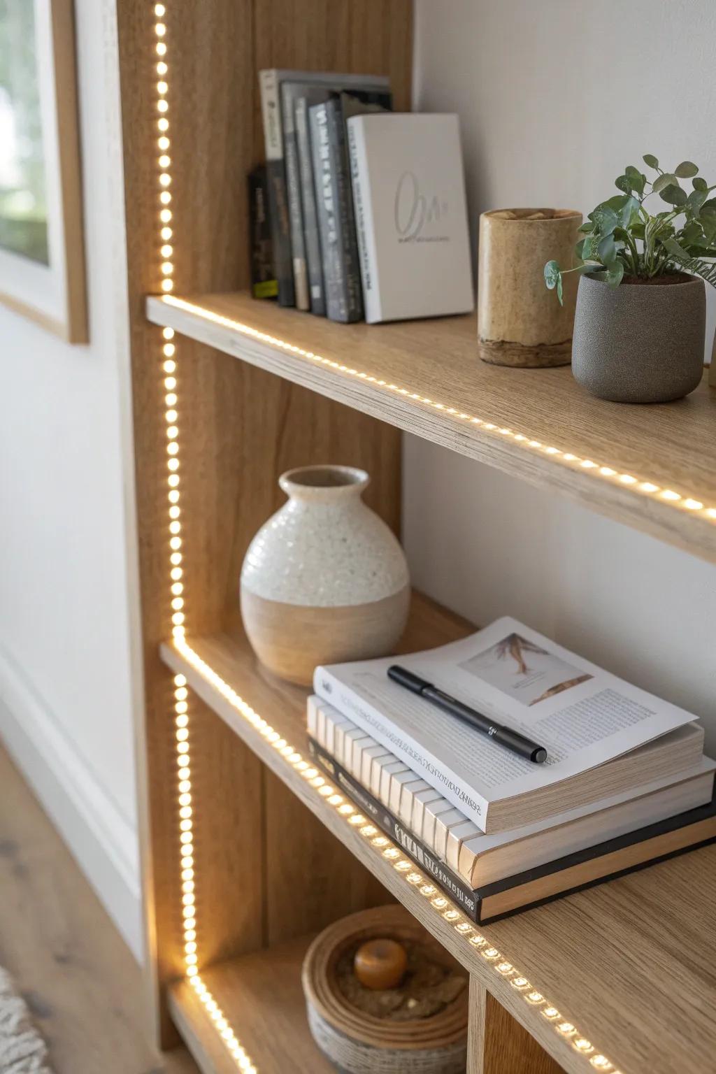 Warm LED strip tucked under the shelf edge for a soft, hidden glow on your books.