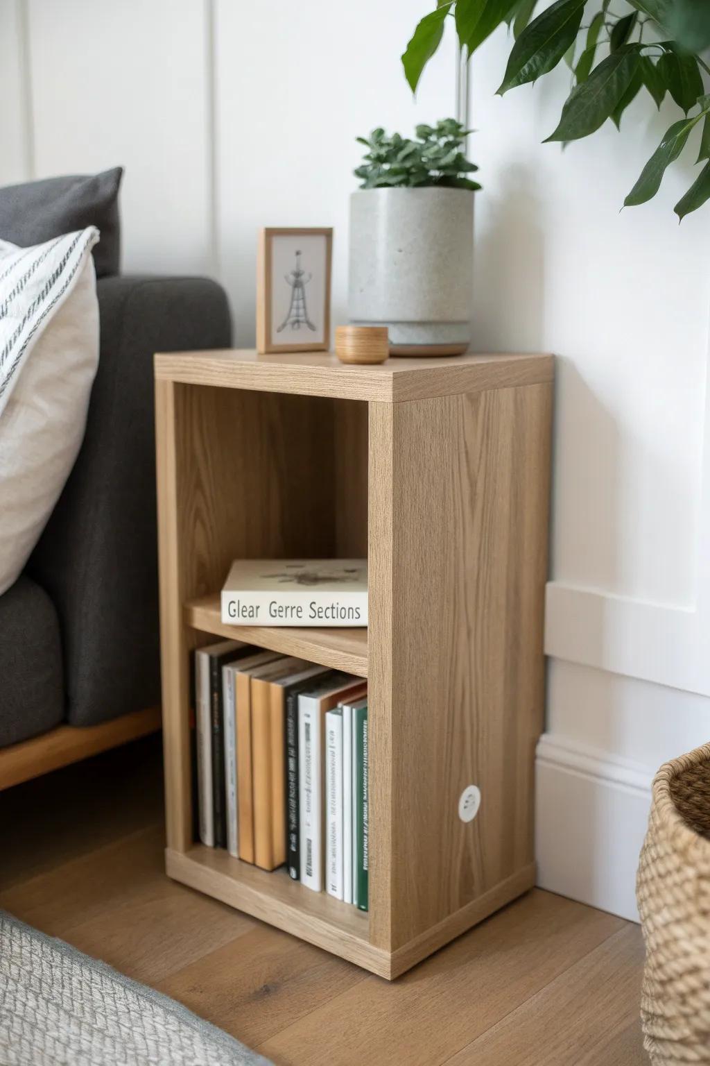 Small shelf, big calm: dedicate each cube to a genre so you can find your next read fast.