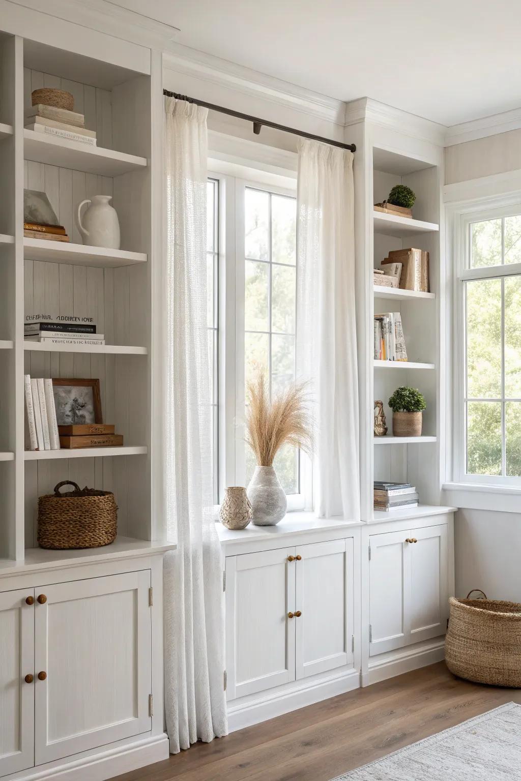 Classic built-in bookshelves framing the window for a custom, airy small-space feature.