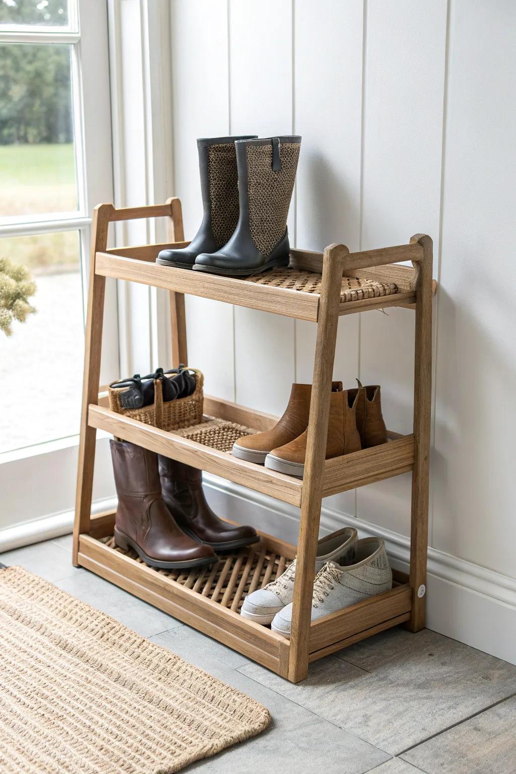Classic two-tier boot rack with drip tray—keeps muddy days tidy in the smallest entryway.