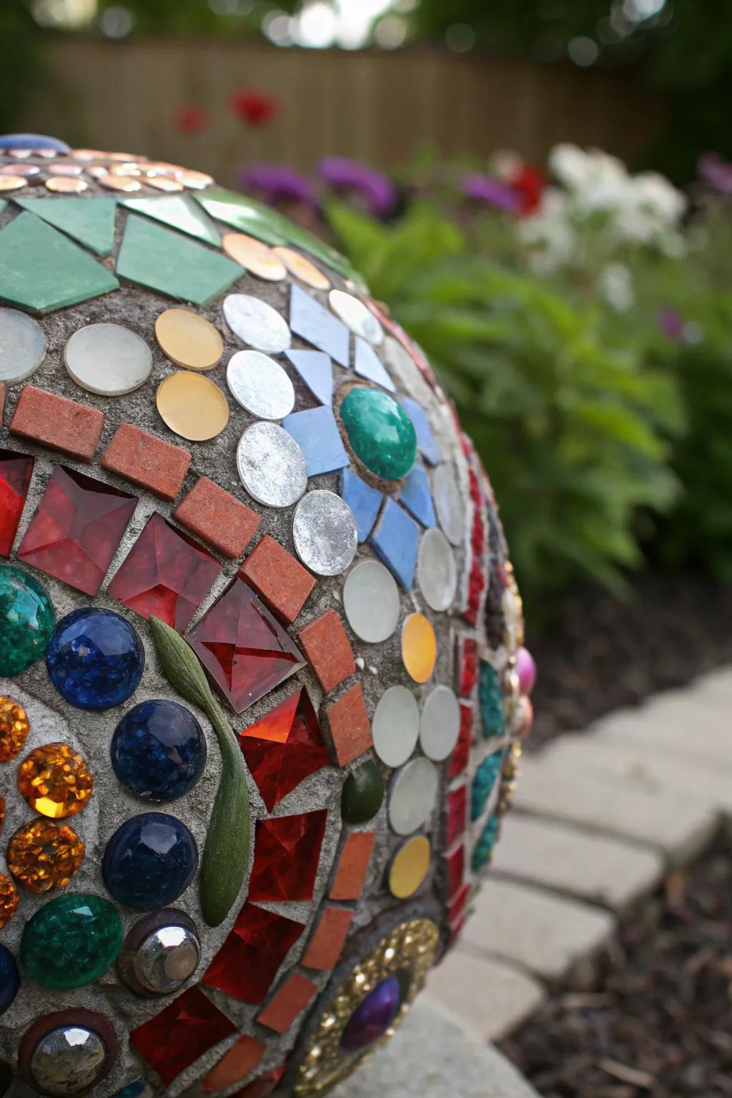 Transform your garden with a dazzling mosaic globe crafted from a vintage bowling ball.