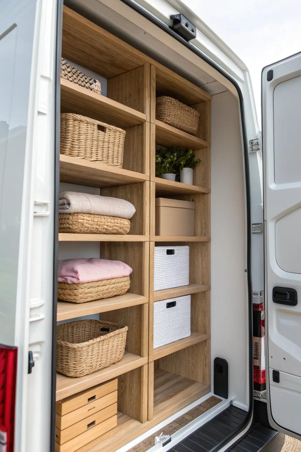 Full-height sidewall shelves keep a clear center aisle—and stop the “pile it on the floor” chaos.