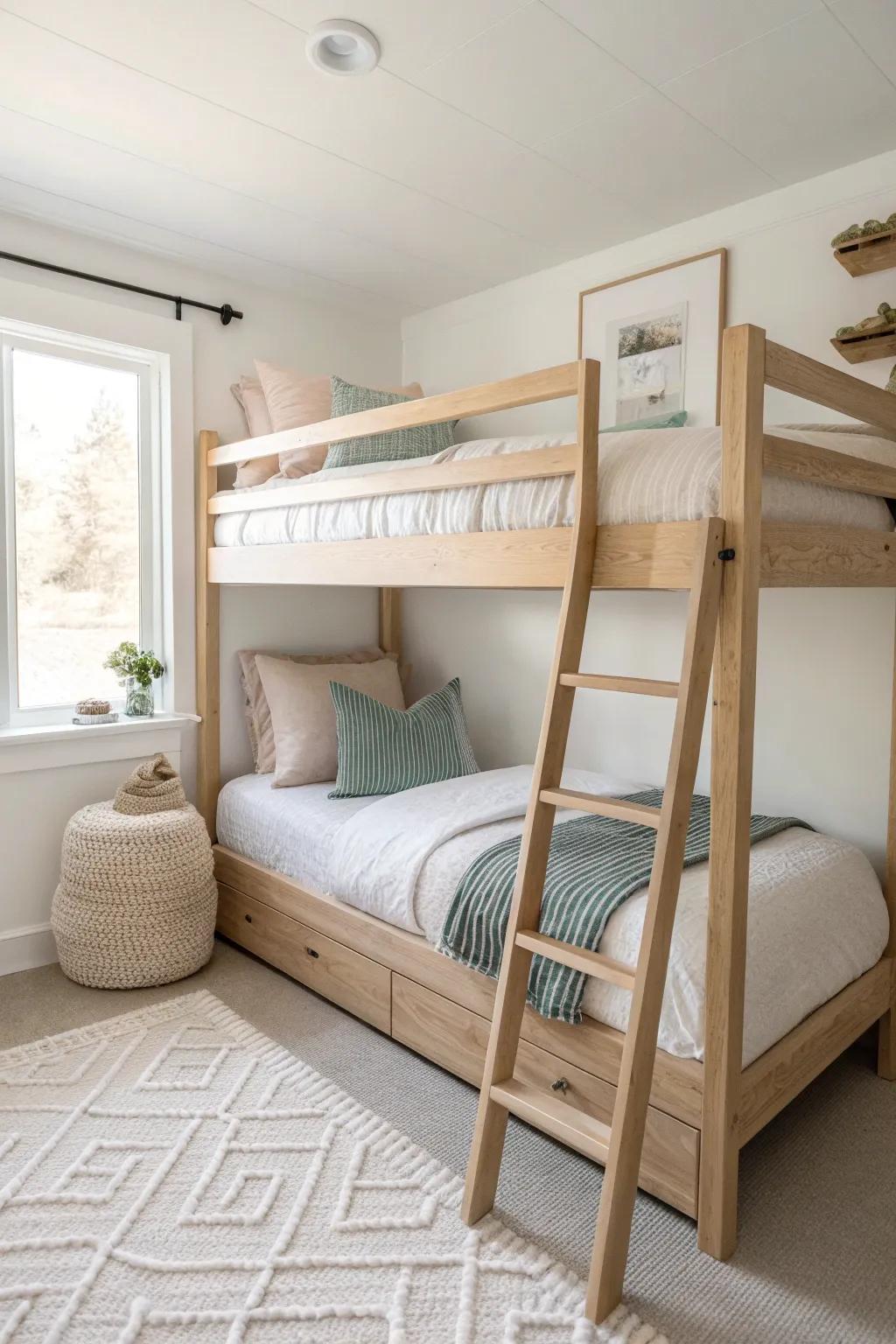 Twin-over-twin bunk snug to one wall, opening the center for play in a calm boy & girl shared room.