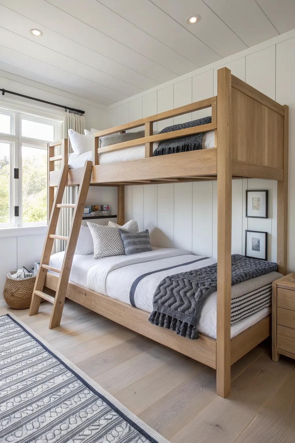 Clean-line twin-over-twin bunk with solid bedding—small room, big airy Scandinavian vibe.