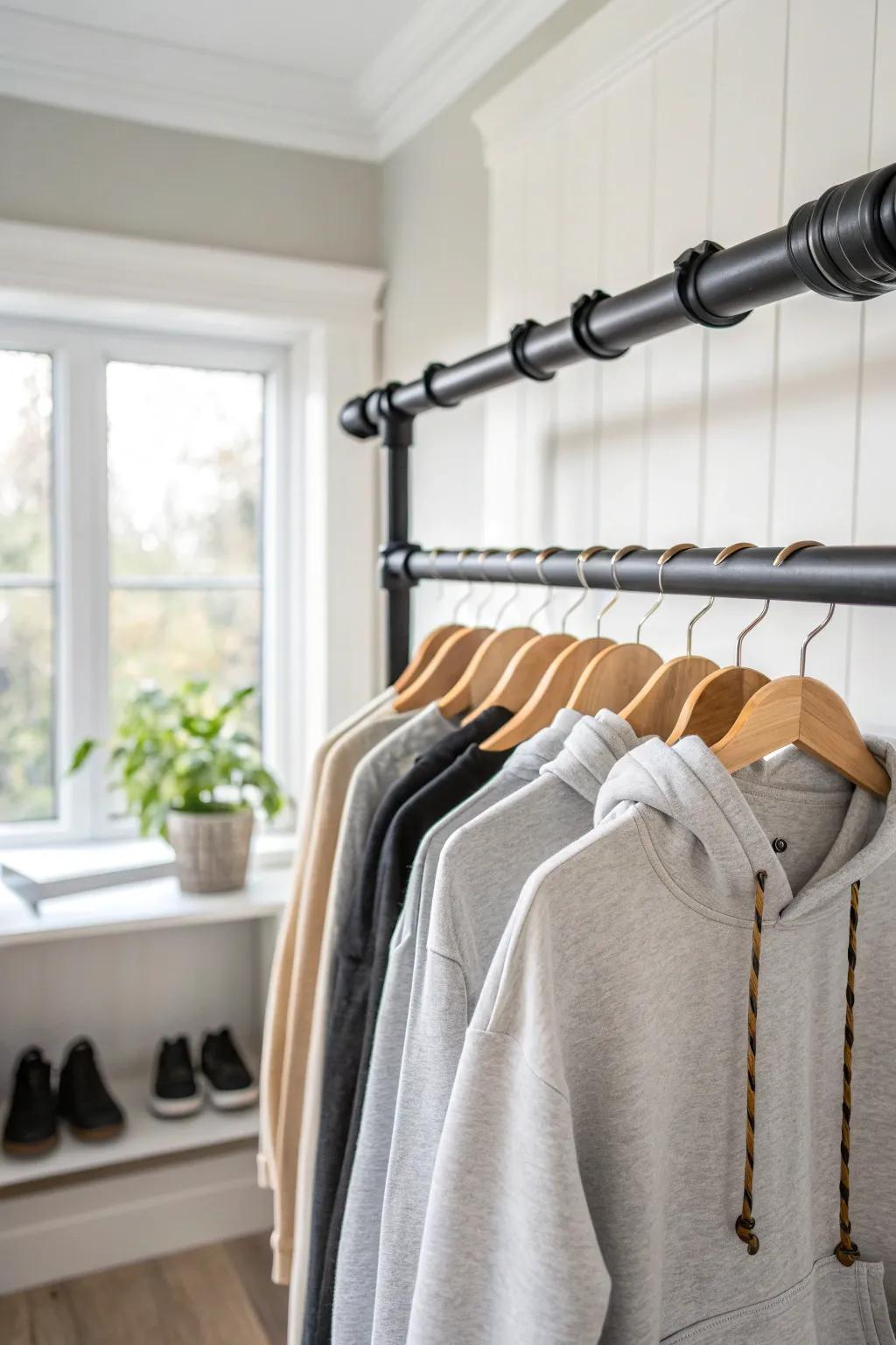 Double hanging rods: the small-closet upgrade that instantly doubles space for tees and hoodies.