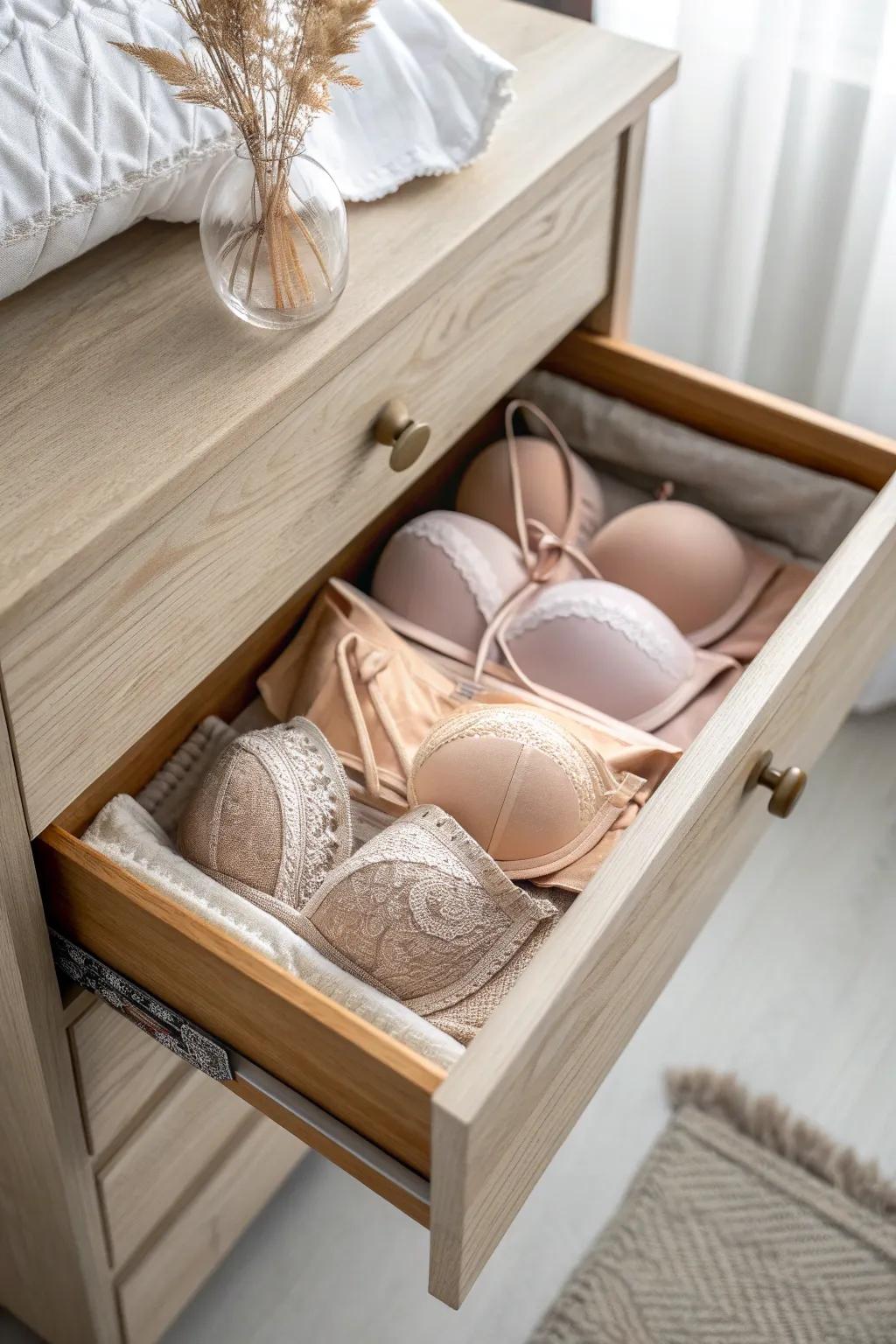 Nest molded cups in one tidy drawer stack to keep bras shaped, smooth, and snag-free.