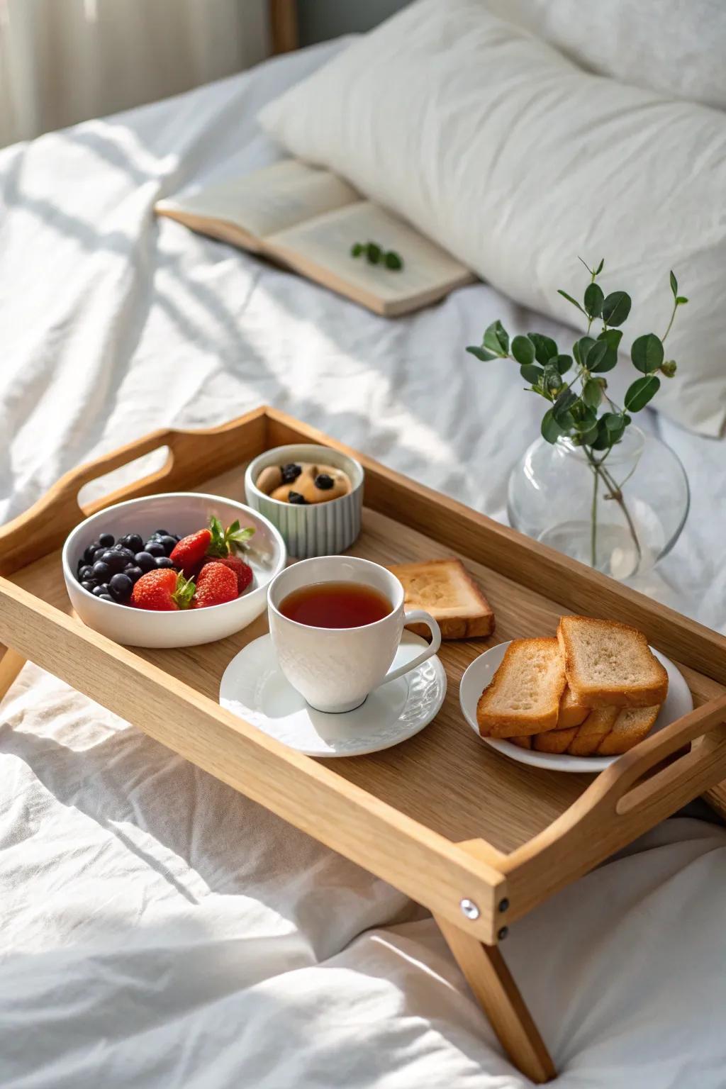 Classic breakfast-in-bed: a simple oak tray with toast, berries, tea, and a neat linen napkin.