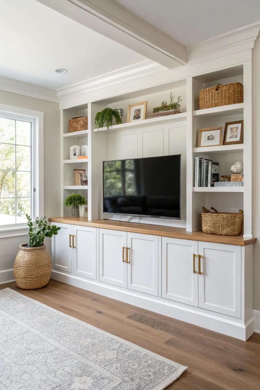 Classic built-in media wall: closed bases, airy shelves, and hidden cords for calm small spaces.