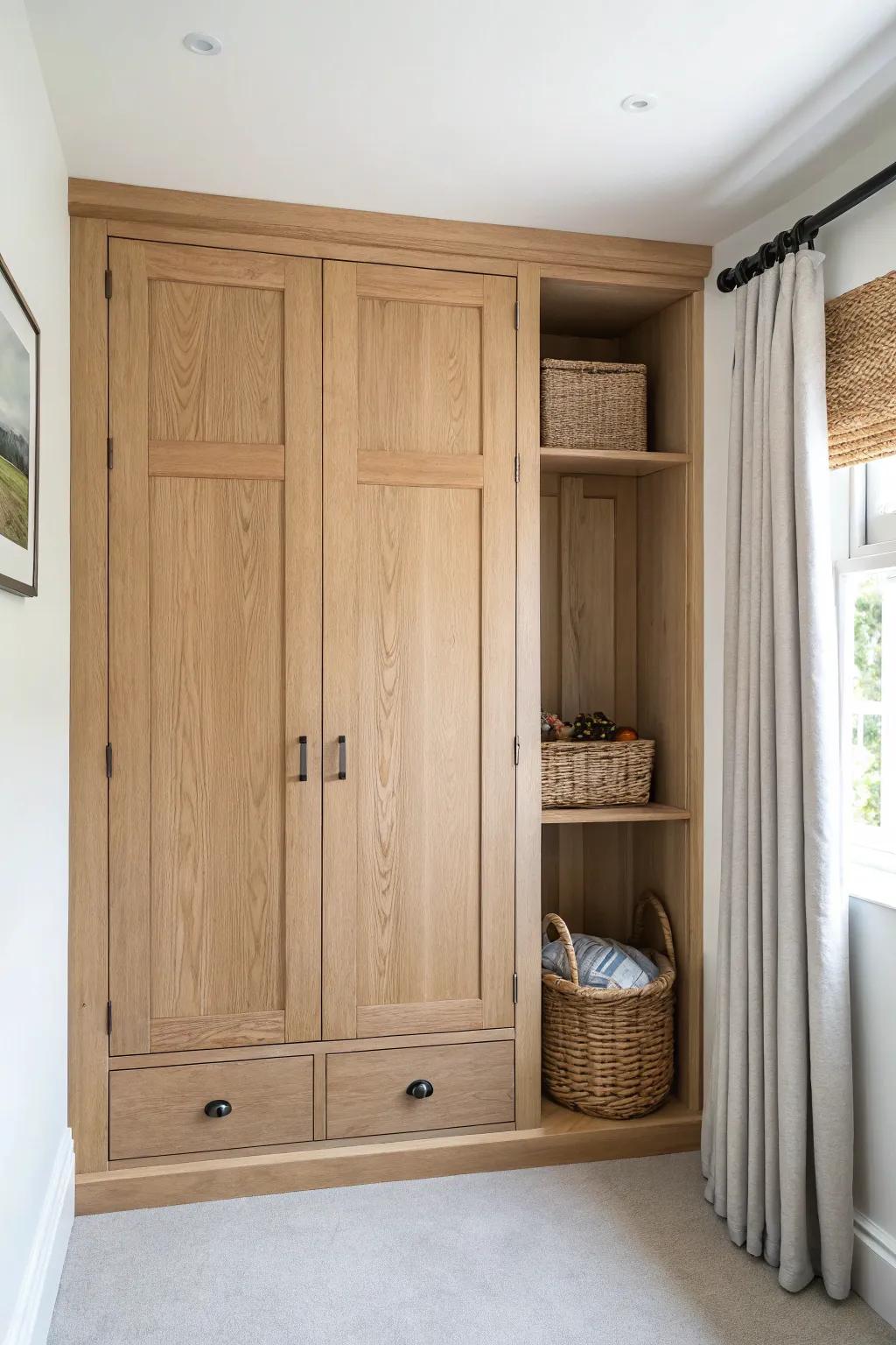 Floor-to-ceiling built-ins make small closets feel custom—use the top zone for seasonal storage.