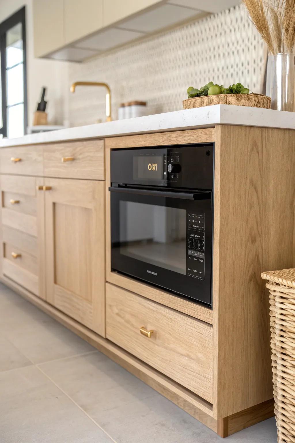 Small-space win: a built-in microwave in the island base keeps counters clear and calm.